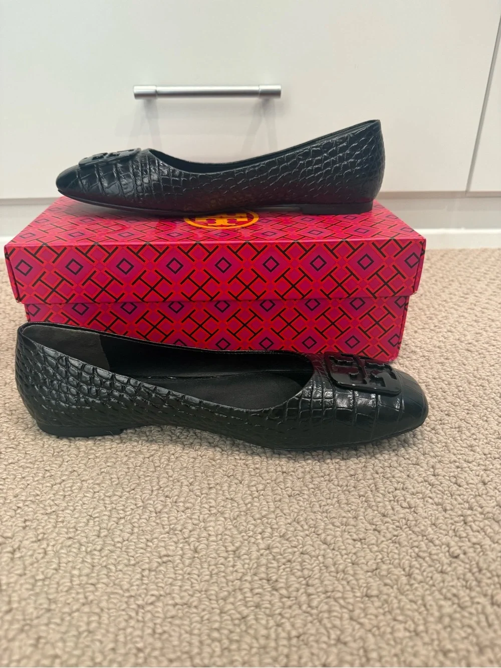 Tory Burch Georgia Square-Toe Ballet Flats - Black Croc-Embossed Logo-NWOT, 7.5M